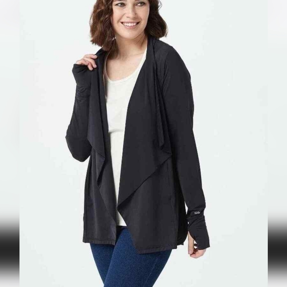 Zuda Active Draped Open Front Jacket Small Thumbholes Vented Back Cinch Waist